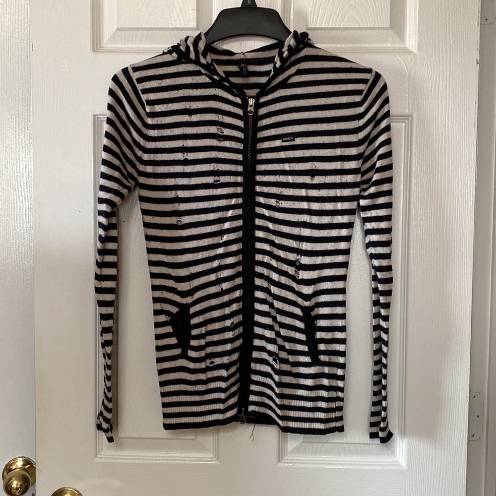 Y2K RVCA Black White Striped Beetlejuice Distressed Hoodie